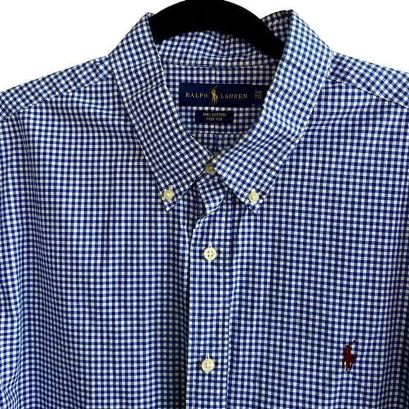 Ralph Lauren Blue Label Blue White Gingham Check Polo Pony Logo Shirt Size XXL - Picture 1 of 9